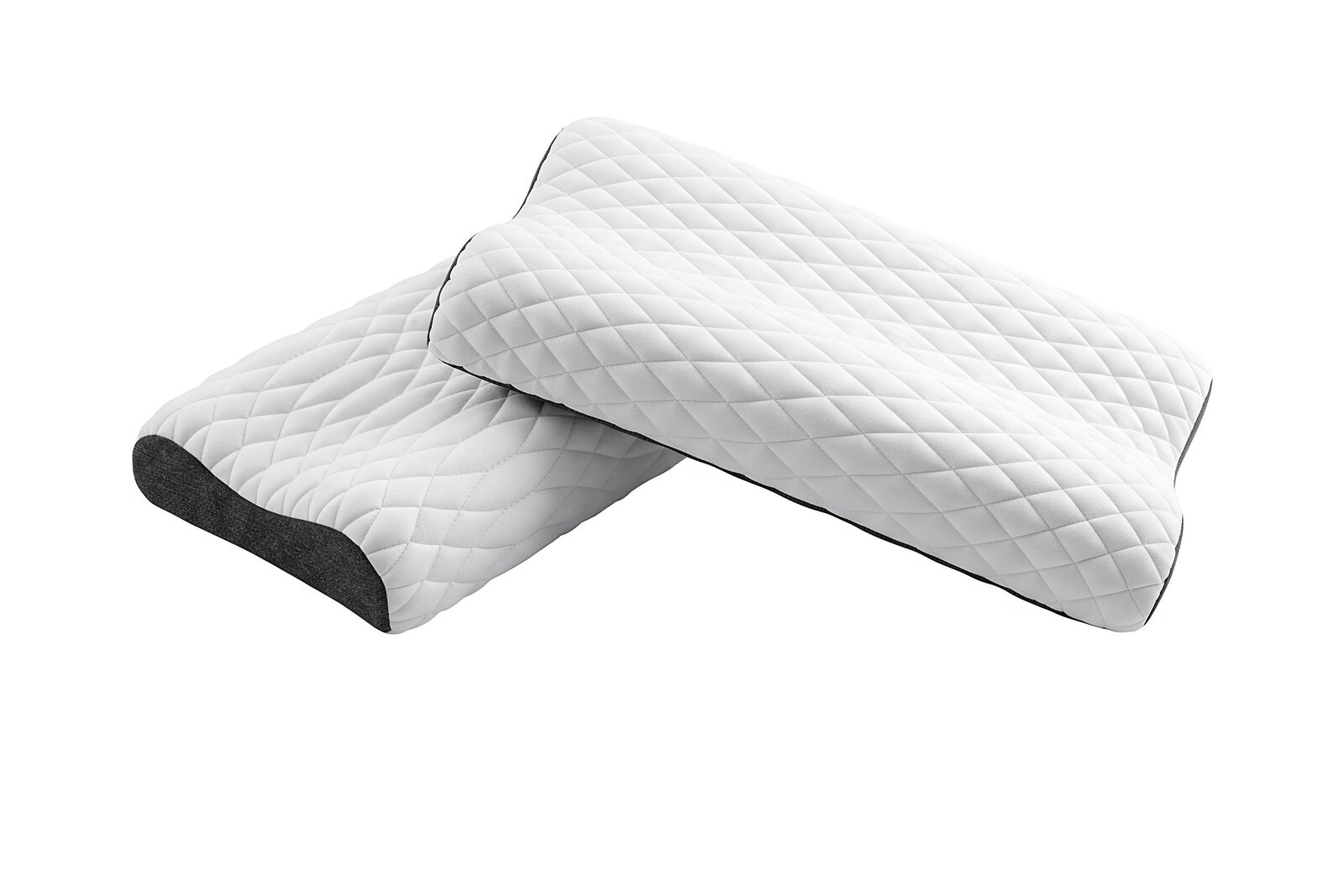 Boxspringbett in einem modernen Schlafzimmer, seitliche Perspektive, mit dunklem Stoffbezug, dekoriert mit Kissen und Decke, vor großen Fenstern.