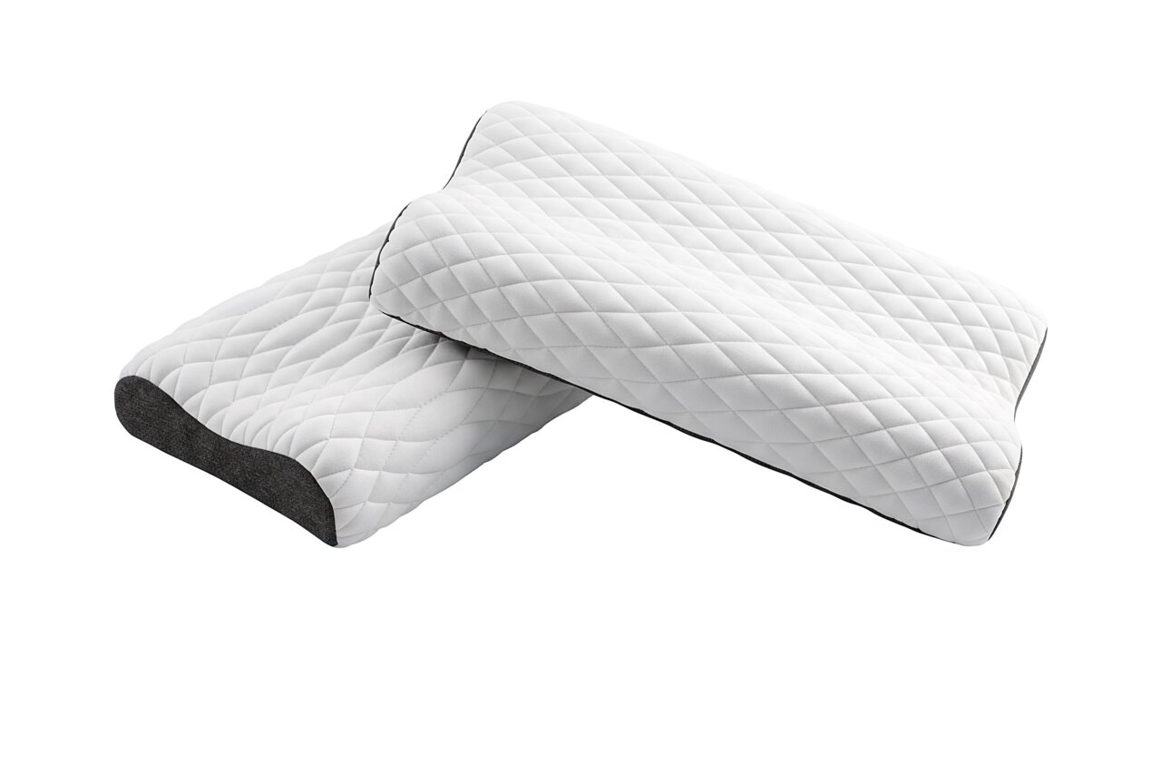 Boxspringbed in een moderne slaapkamer, gezien vanaf de zijkant, met een donkere stoffen bekleding, versierd met kussens en een deken, voor grote ramen.