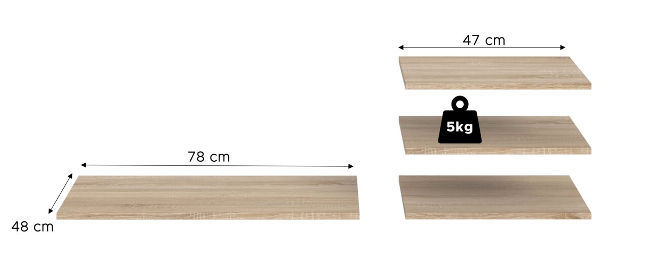 Holzregalboden in Eichenoptik mit Maßangaben 78 x 48 cm und 47 cm, Tragkraft 5 kg, dargestellt in Front- und leicht schräger Perspektive auf weißem Hintergrund