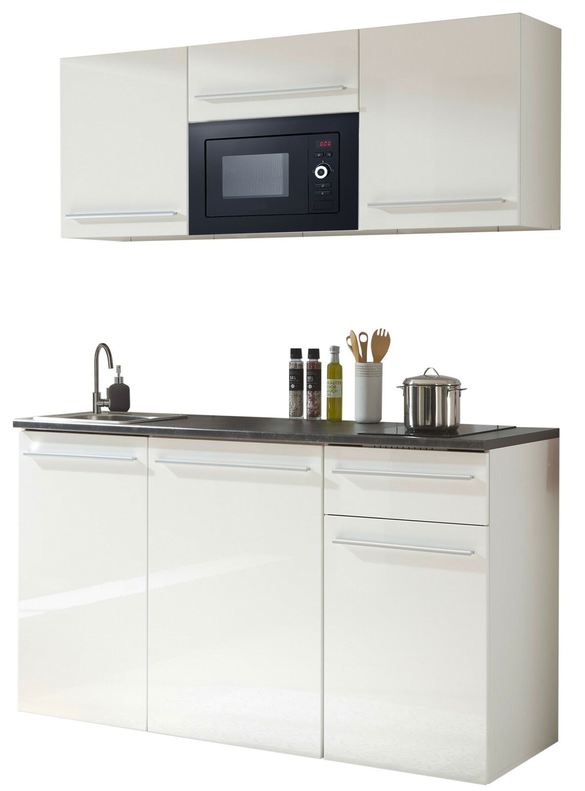 Yourkitchen Single-Küche 160 JAZZ Moderne Single-Küche in Weiß mit Hängeschränken, integriertem Mikrowellenherd, Spüle und Kochfeld, frontale Ansicht