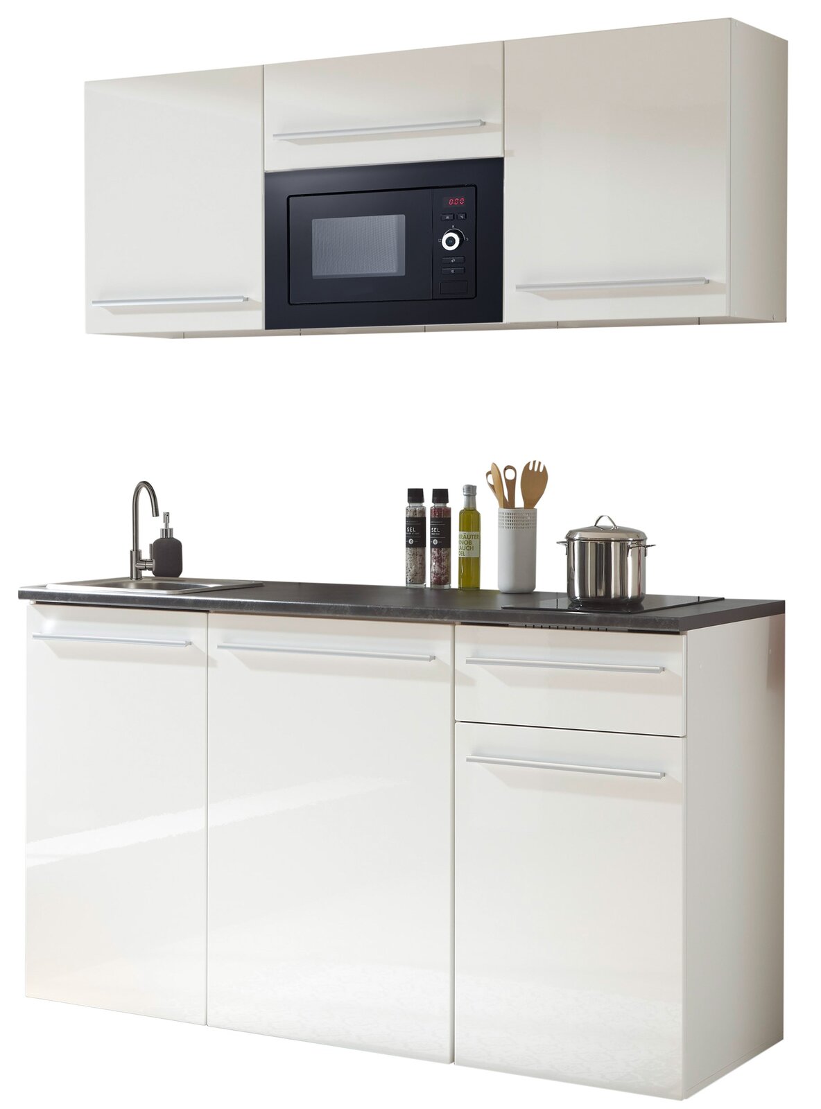 Yourkitchen Single-Küche 160 JAZZ Moderne Single-Küche in Weiß mit Hängeschränken, integriertem Mikrowellenherd, Spüle und Kochfeld, frontale Ansicht