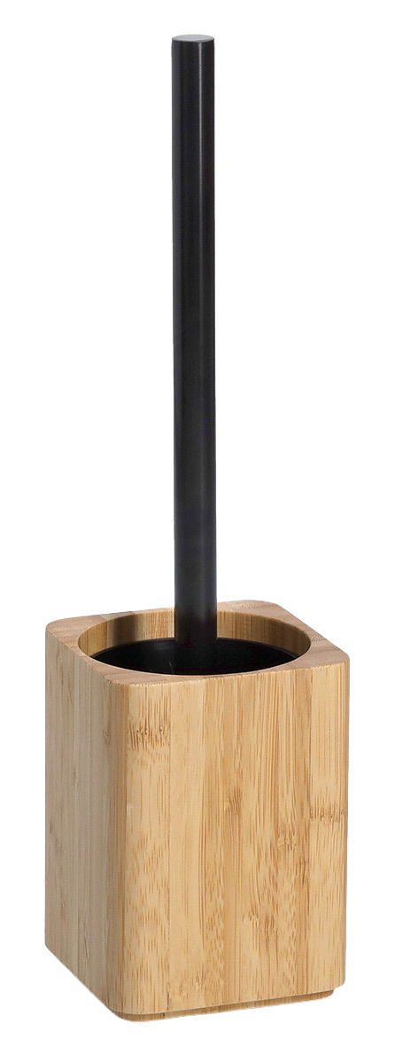 WC-Bürste mit schwarzem Griff und quadratischem Bambus-Halter, seitliche Perspektive