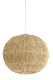 Hängeleuchte aus natürlichem Material in Seitenansicht, mit schwarzem Kabel.