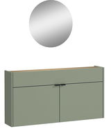 Garderobe Set mit grünem Schrank und rundem Spiegel, frontale Ansicht