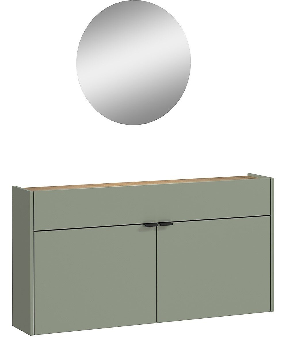 Garderobe Set mit grünem Schrank und rundem Spiegel, frontale Ansicht