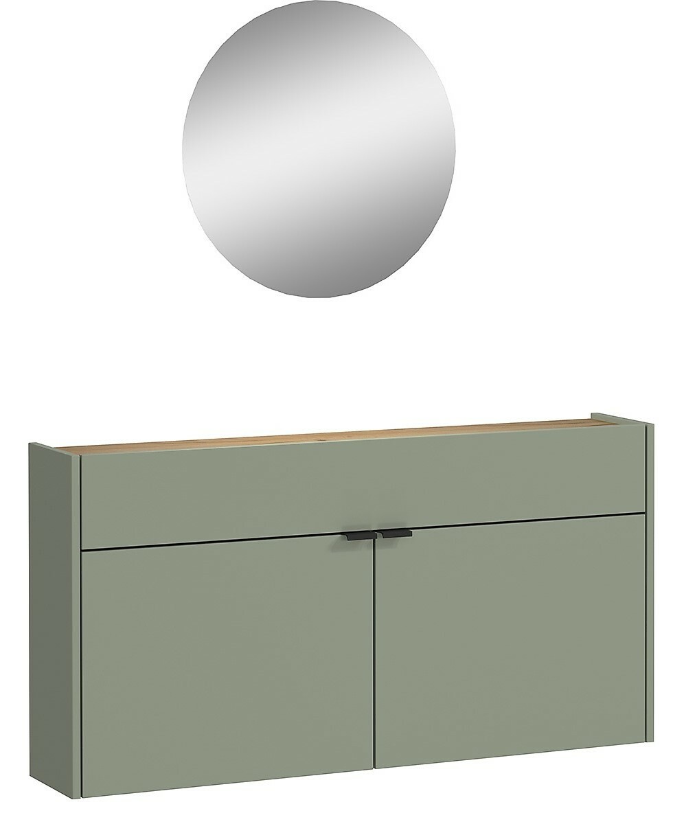 Garderobe Set mit grünem Schrank und rundem Spiegel, frontale Ansicht