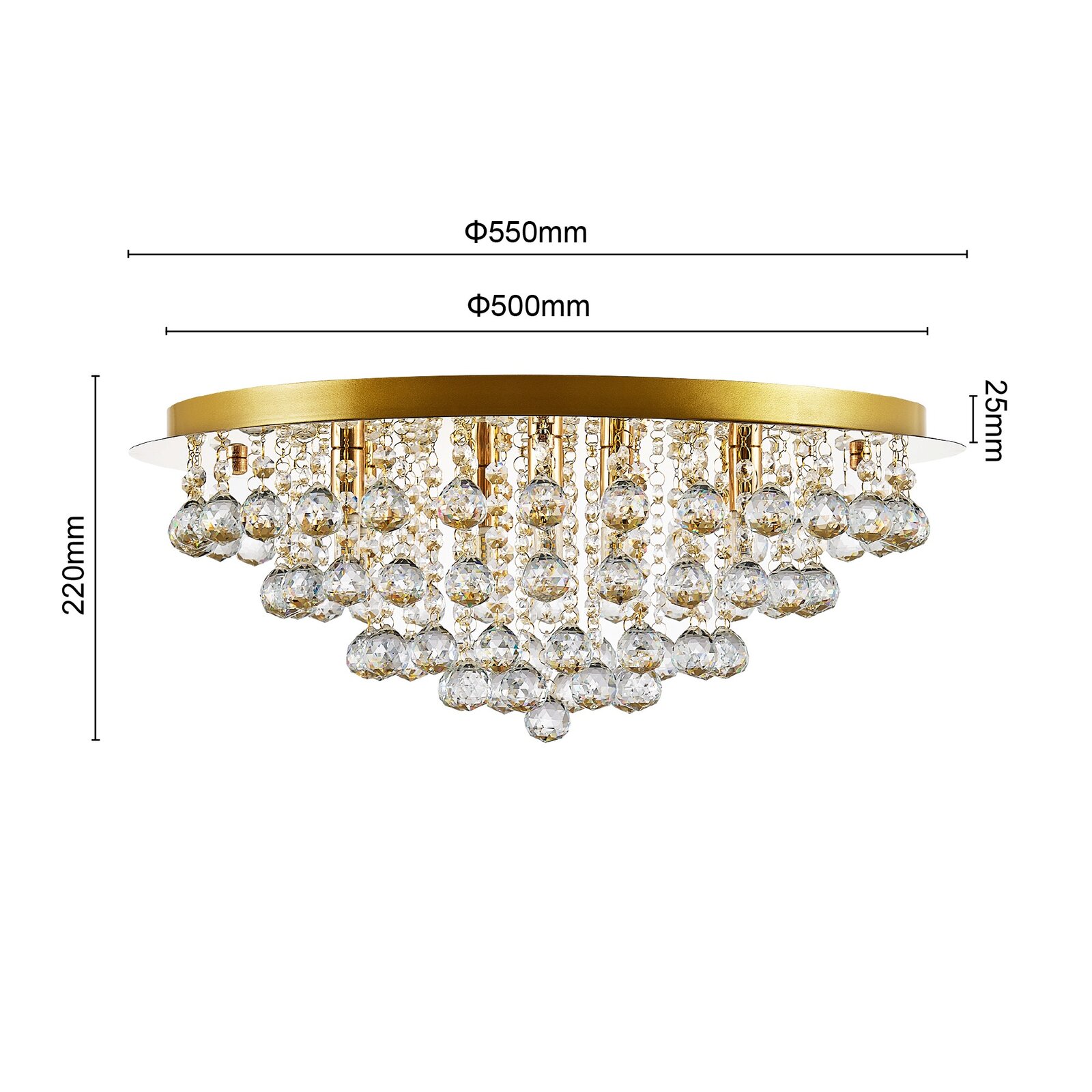 Luxuriöse Deckenleuchte mit goldener Basis und funkelnden Kristallanhängern, seitliche Perspektive