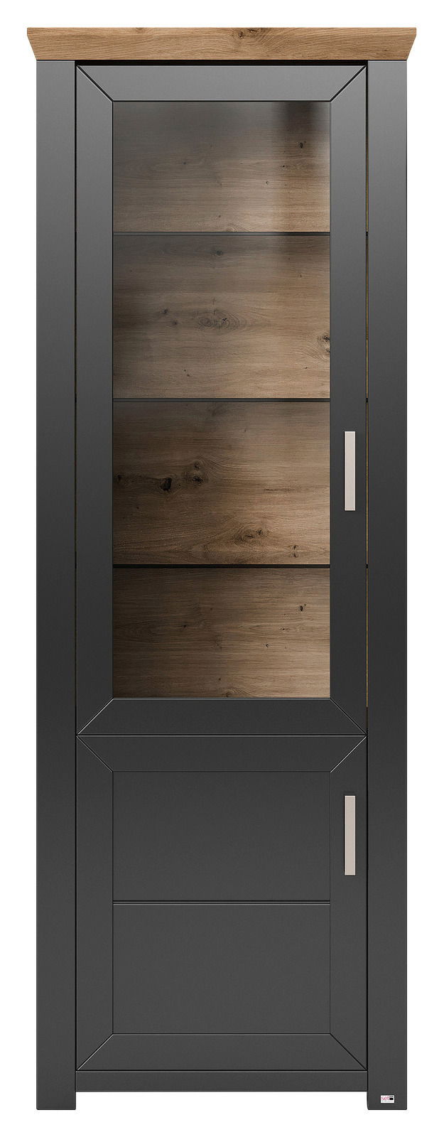 Vitrine in moderner Frontansicht mit schwarzem Rahmen und Holzelementen