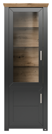 Vitrine in moderner Frontansicht mit schwarzem Rahmen und Holzelementen