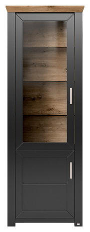 Vitrine in moderner Frontansicht mit schwarzem Rahmen und Holzelementen