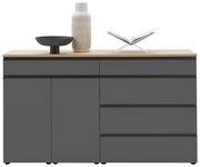 Modernes Sideboard in dunklem Grau mit Holzplatte, dekoriert mit einer Vase, einer Schale und einem offenen Buch, Frontalansicht.