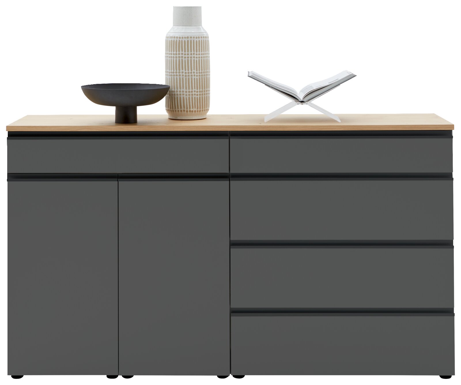 Modernes Sideboard in dunklem Grau mit Holzplatte, dekoriert mit einer Vase, einer Schale und einem offenen Buch, Frontalansicht.