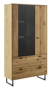 Vitrine aus Holz mit Glastür und zwei Schubladen, seitliche Perspektive