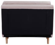 Rückansicht eines Funktionssessels mit hellen Holzbeinen und schwarzer Rückseite.