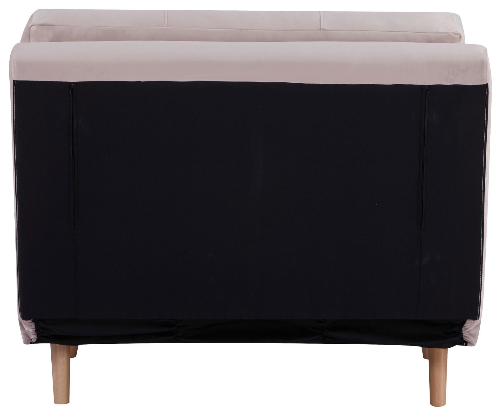 Rückansicht eines Funktionssessels mit hellen Holzbeinen und schwarzer Rückseite.