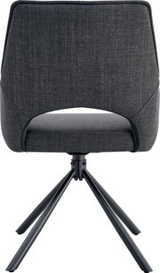 Gepolsterter Esszimmerstuhl in dunkelgrauem Stoffbezug mit schwarzem Metall-Drehgestell, frontal von vorne freigestellt auf weißem Hintergrund