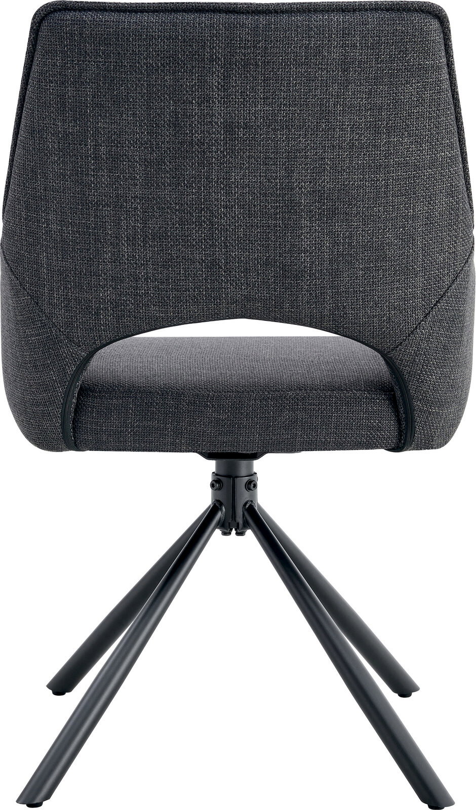 Gepolsterter Esszimmerstuhl in dunkelgrauem Stoffbezug mit schwarzem Metall-Drehgestell, frontal von vorne freigestellt auf weißem Hintergrund