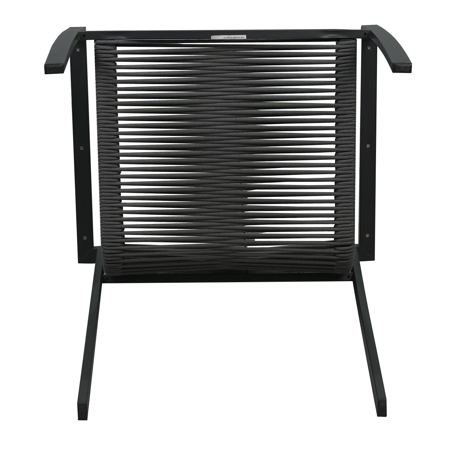 Rückansicht eines Gartensessels mit schwarzem Metallrahmen und geflochtener Sitzfläche.