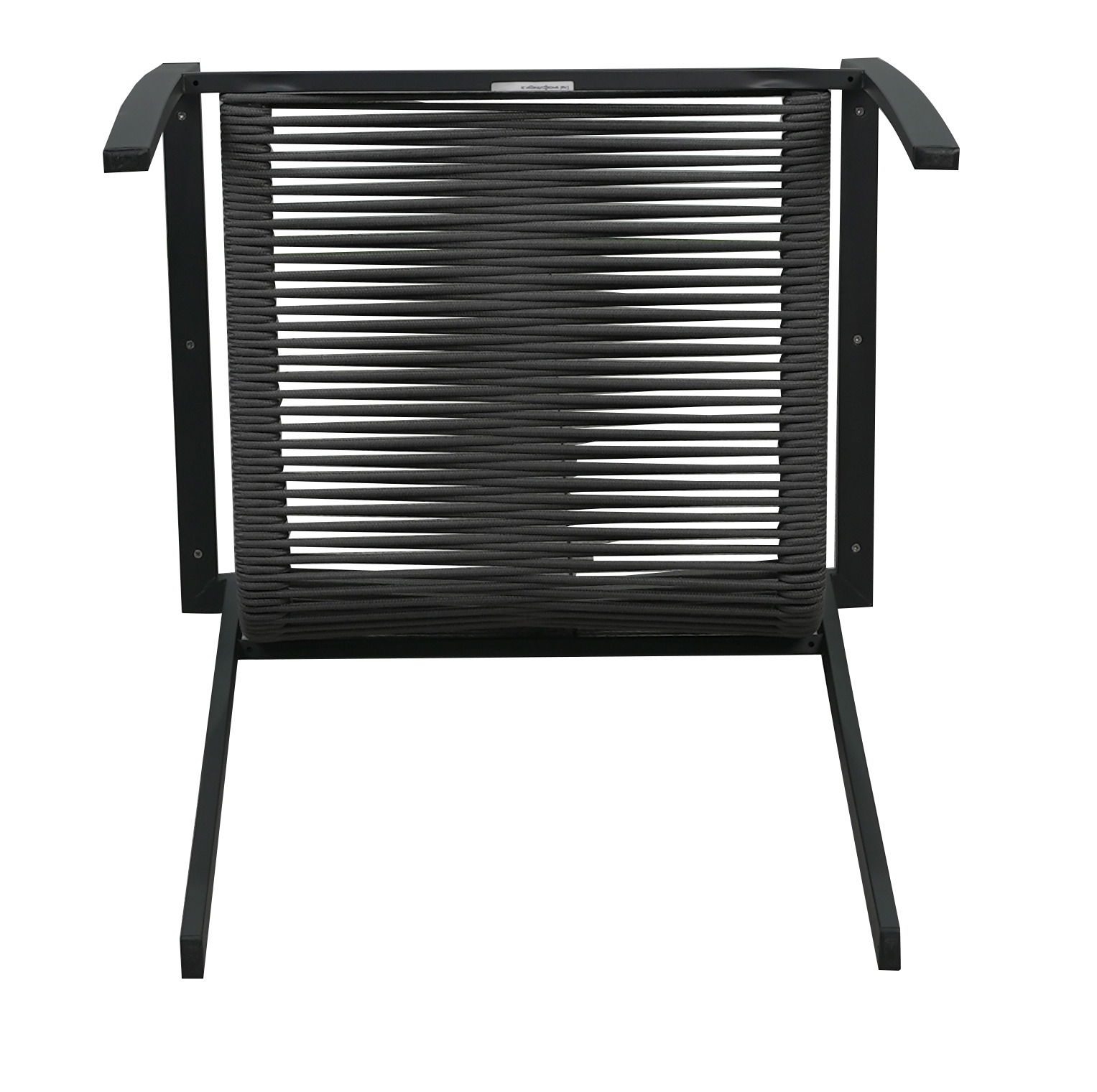 Rückansicht eines Gartensessels mit schwarzem Metallrahmen und geflochtener Sitzfläche.