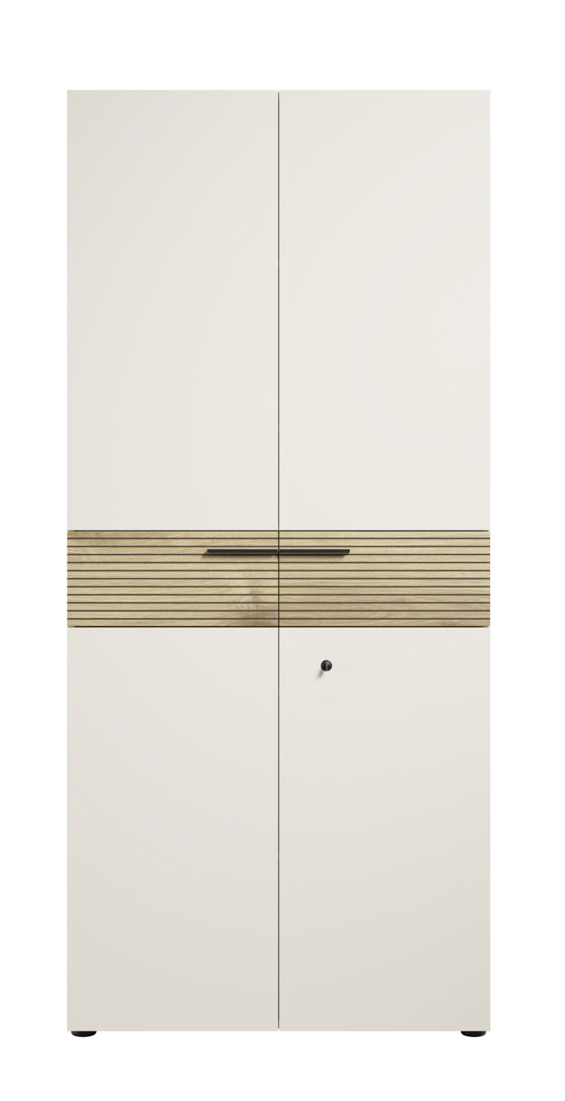 Moderner Aktenschrank mit zwei Türen, Holzgriffleiste und Schlüsselloch, Frontalansicht