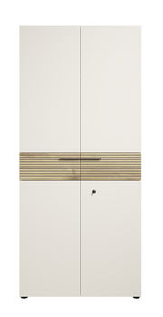 Moderner Aktenschrank mit zwei Türen, Holzgriffleiste und Schlüsselloch, Frontalansicht