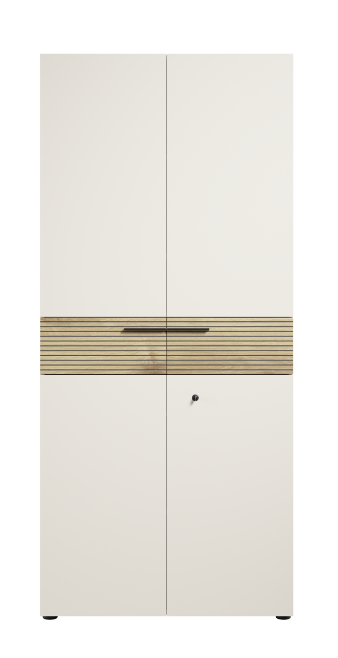 Moderner Aktenschrank mit zwei Türen, Holzgriffleiste und Schlüsselloch, Frontalansicht