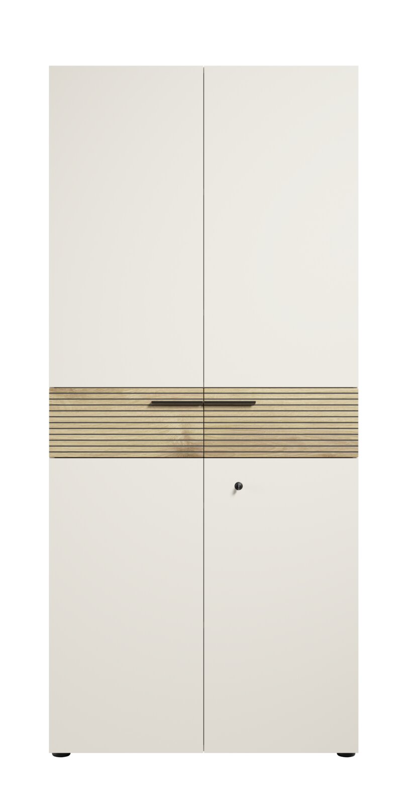 Moderner Aktenschrank mit zwei Türen, Holzgriffleiste und Schlüsselloch, Frontalansicht