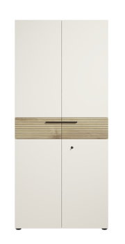 Moderner Aktenschrank mit zwei Türen, Holzgriffleiste und Schlüsselloch, Frontalansicht