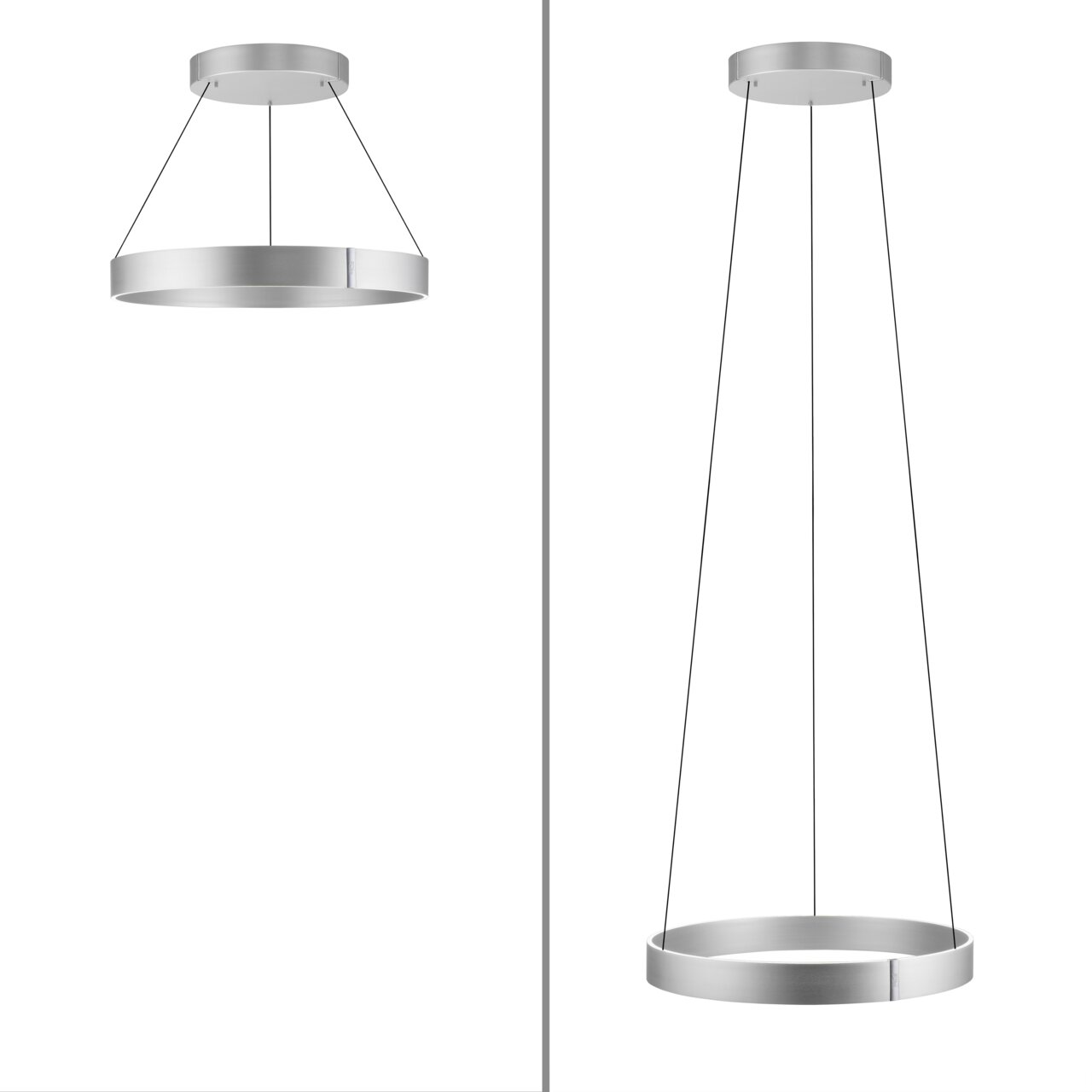 Moderne Pendelleuchte PURE E-CLIPSE von Paul Neuhaus in silberner Optik, aus zwei Perspektiven gezeigt: einmal in kompakter Form und einmal in voller Länge hängend.