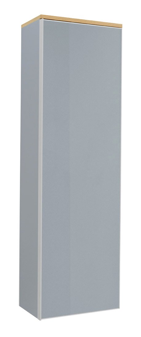 Hoher, schmaler Hochschrank in Hellgrau mit Holzdeckplatte, freistehend vor weißem Hintergrund, in schräger Front- und Seitenansicht (3/4-Perspektive)