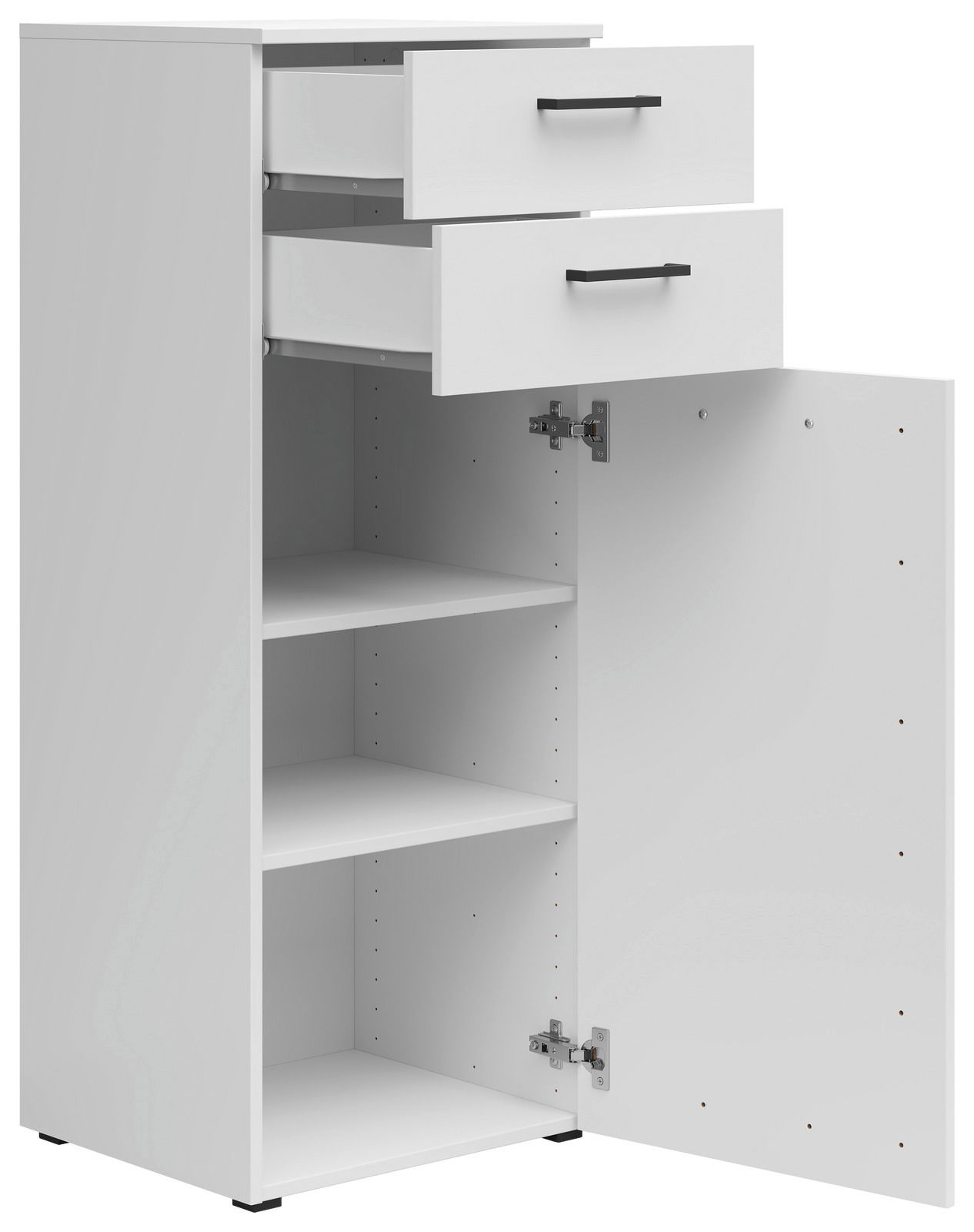 Weiße Kommode mit zwei offenen Schubladen und einer geöffneten Tür, die zwei Regalböden zeigt, Perspektive von vorne links