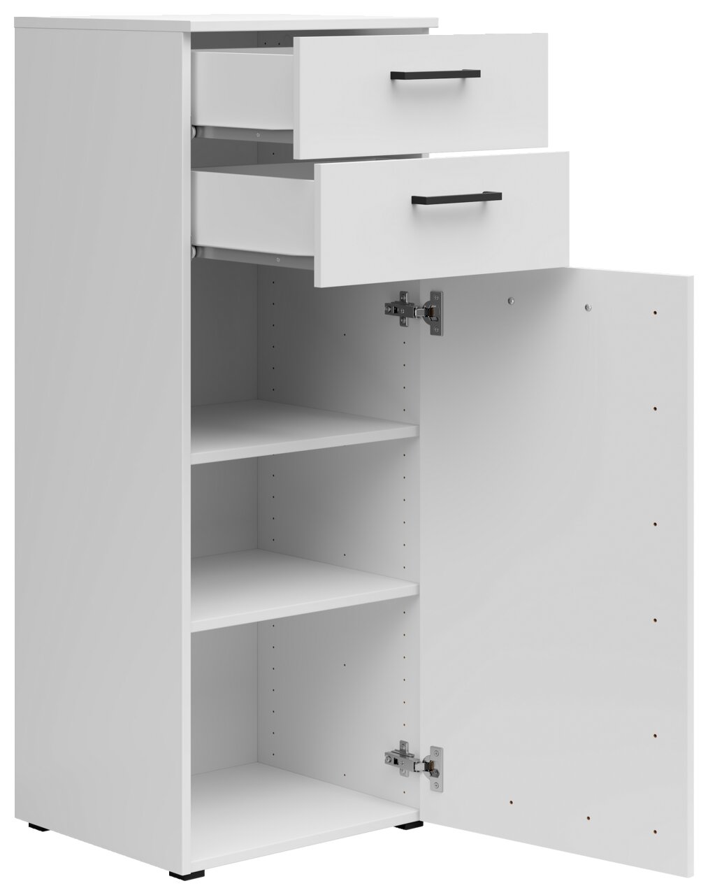 Weiße Kommode mit zwei offenen Schubladen und einer geöffneten Tür, die zwei Regalböden zeigt, Perspektive von vorne links