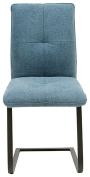 Freischwinger-Stuhl in blauer Stoffpolsterung, Vorderansicht