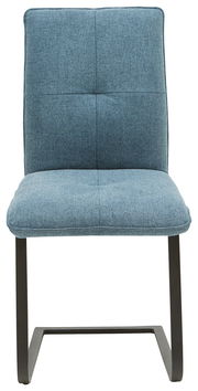 Freischwinger-Stuhl in blauer Stoffpolsterung, Vorderansicht