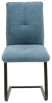 Swingstoel met blauwe stoffen bekleding, vooraanzicht