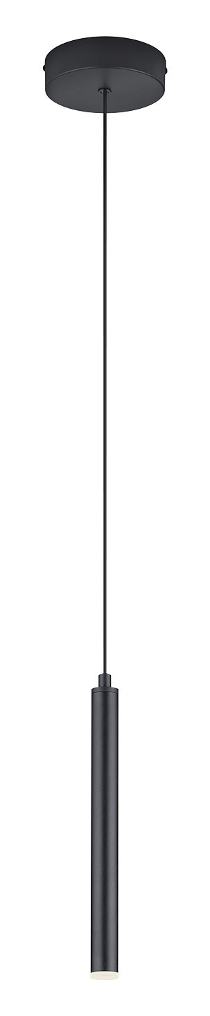 Moderne schwarze Pendelleuchte CALINA, zylindrische Form, seitliche Perspektive