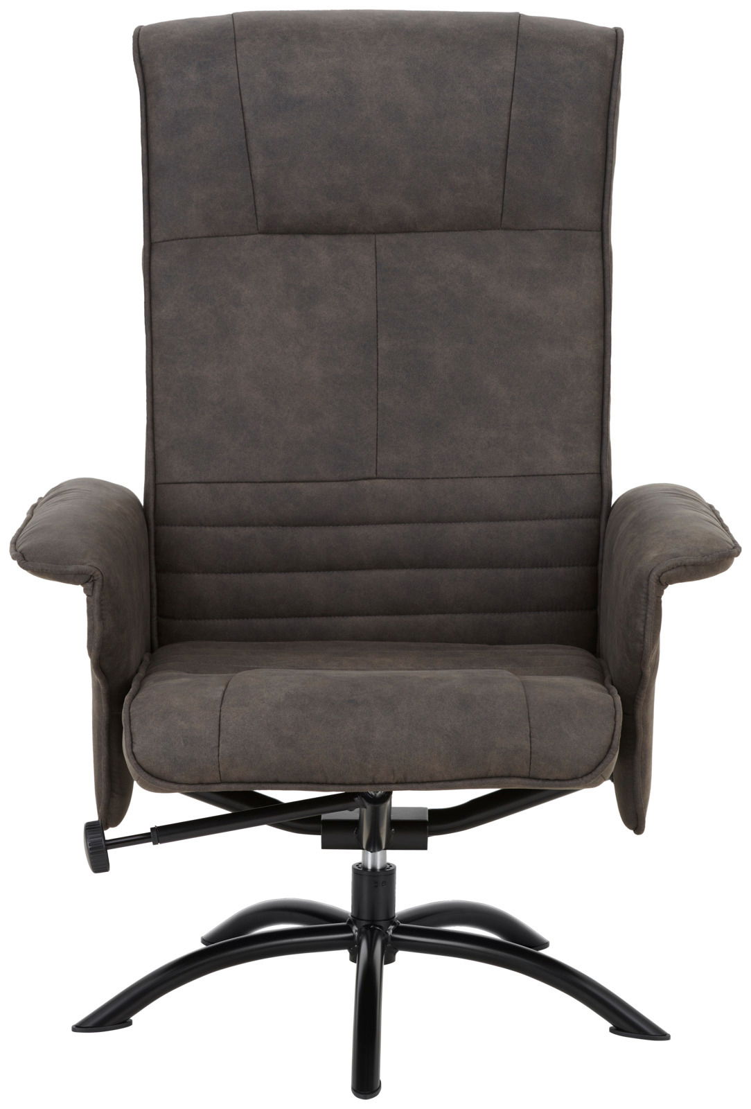 Frontansicht eines modernen, dunkelgrauen Relaxsessels mit gepolsterten Armlehnen und einem stabilen Metallfuß.