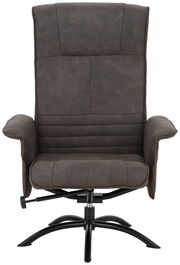 Frontansicht eines modernen, dunkelgrauen Relaxsessels mit gepolsterten Armlehnen und einem stabilen Metallfuß.