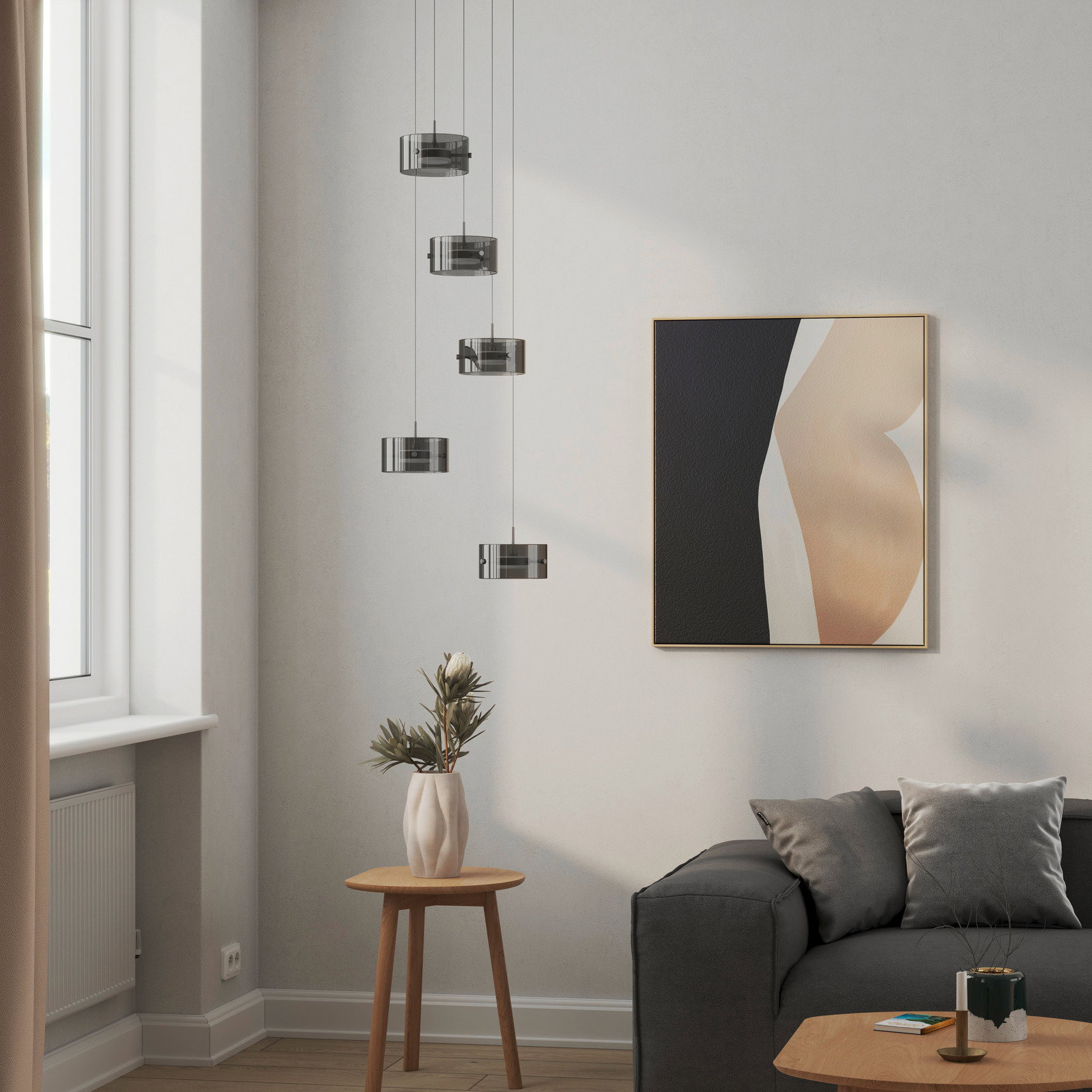 Moderne LED-Hängeleuchte in einem stilvollen Wohnzimmer, seitliche Perspektive