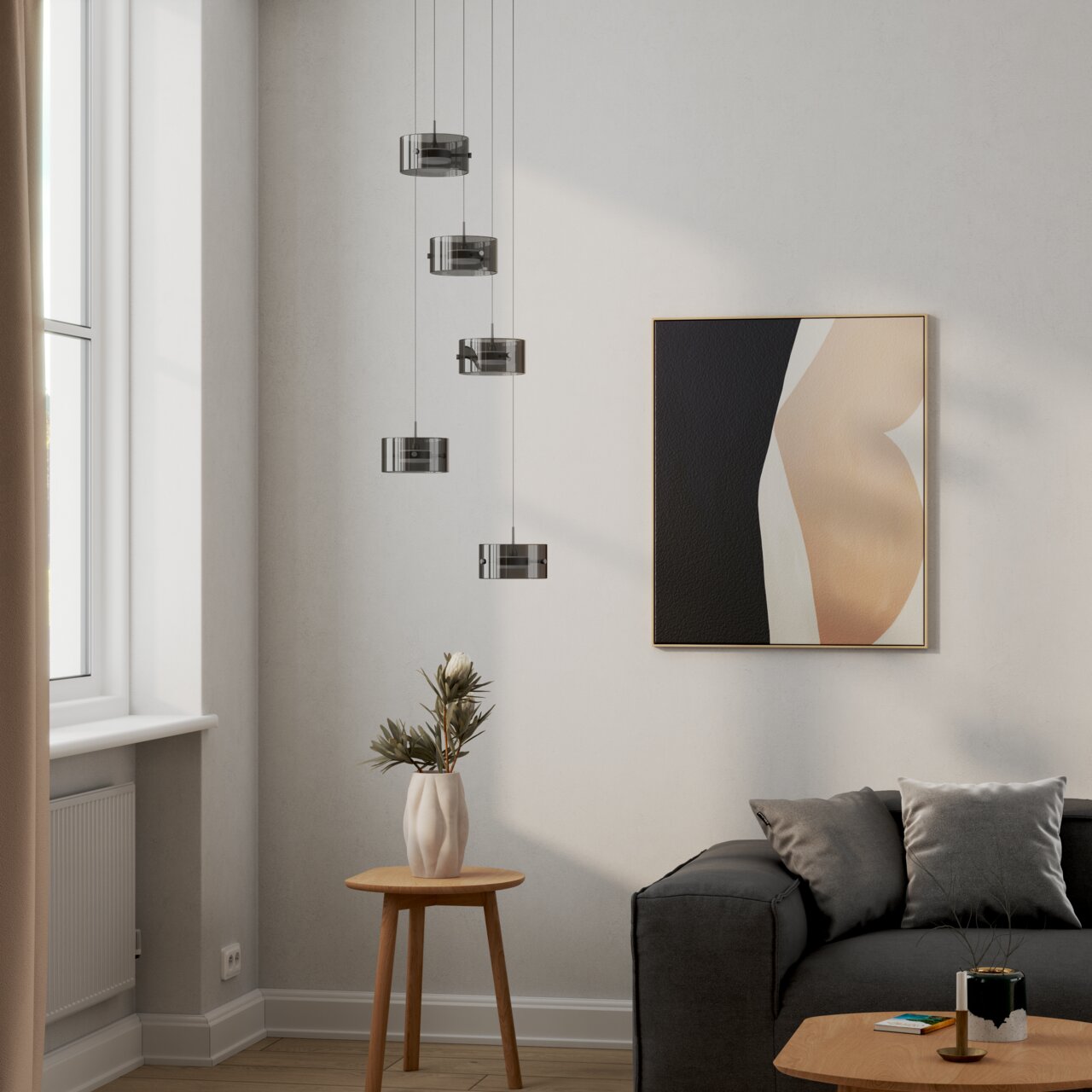 Novel LED-Hängeleuchte HÄNGELEUCHTE Moderne LED-Hängeleuchte in einem stilvollen Wohnzimmer, seitliche Perspektive