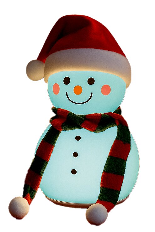 Frontalansicht einer Akku-Tischleuchte in Form eines Schneemanns mit roter Mütze und gestreiftem Schal.