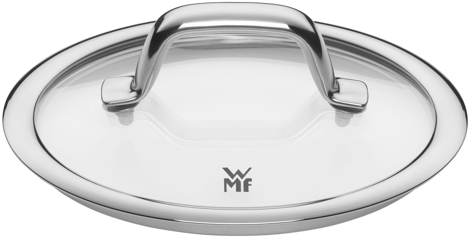 Deckel eines WMF Topfsets aus der Vogelperspektive, glänzender Edelstahlgriff und Glasoberfläche.