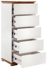 Hochkommode CHIARO mit fünf geöffneten Schubladen, weiße Fronten und Holzoberfläche, seitliche Perspektive