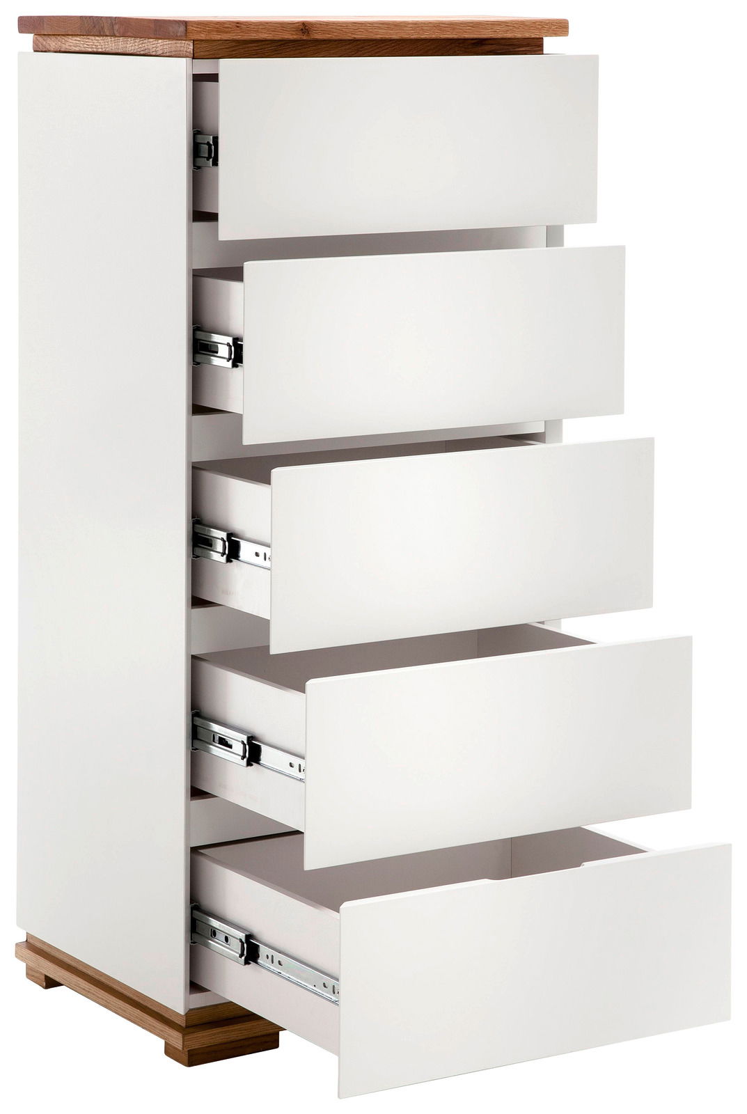 Hochkommode CHIARO mit fünf geöffneten Schubladen, weiße Fronten und Holzoberfläche, seitliche Perspektive