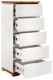 Hochkommode CHIARO mit fünf geöffneten Schubladen, weiße Fronten und Holzoberfläche, seitliche Perspektive