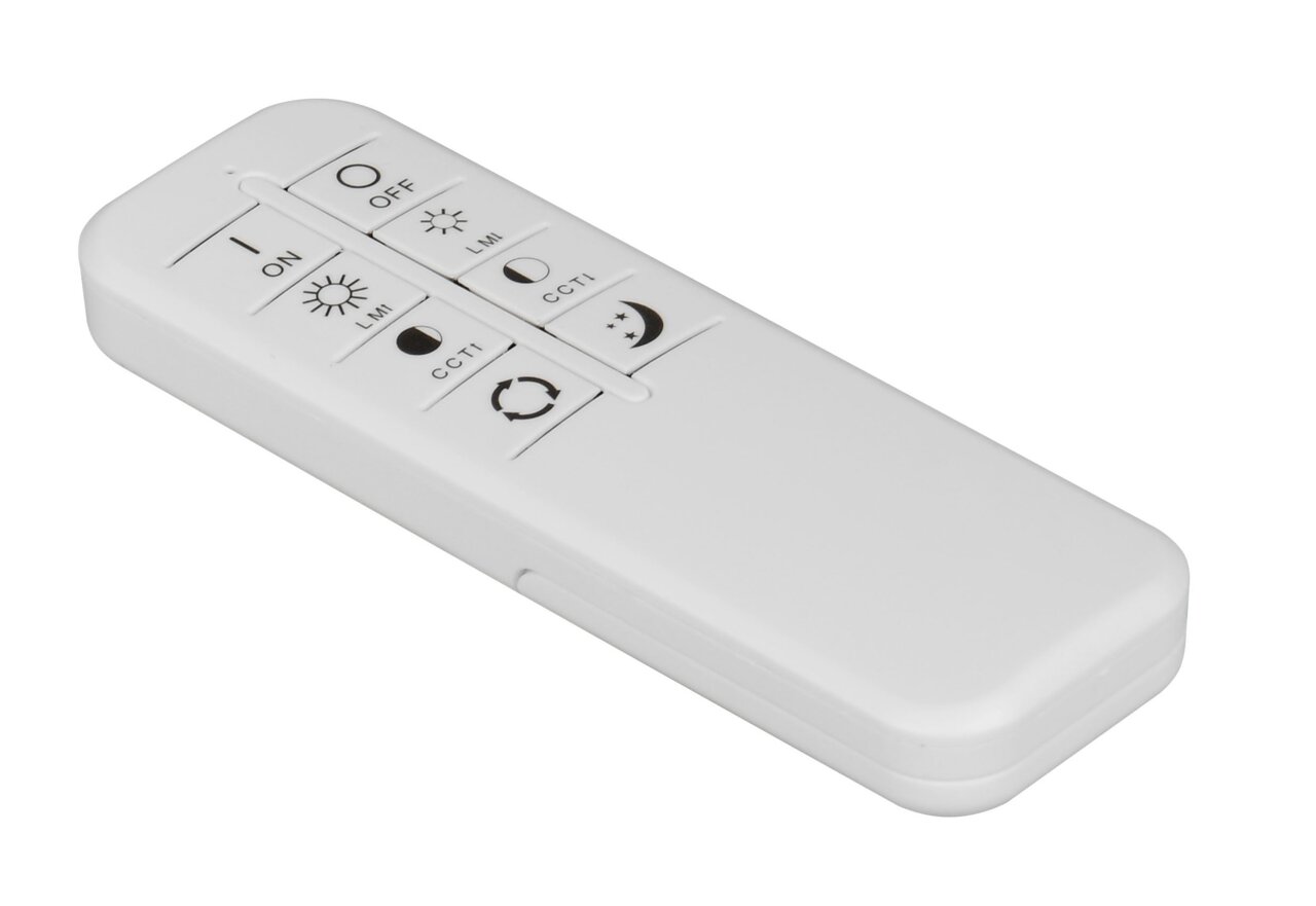 Weiße Fernbedienung für LED-Deckenleuchte, schräg von oben fotografiert