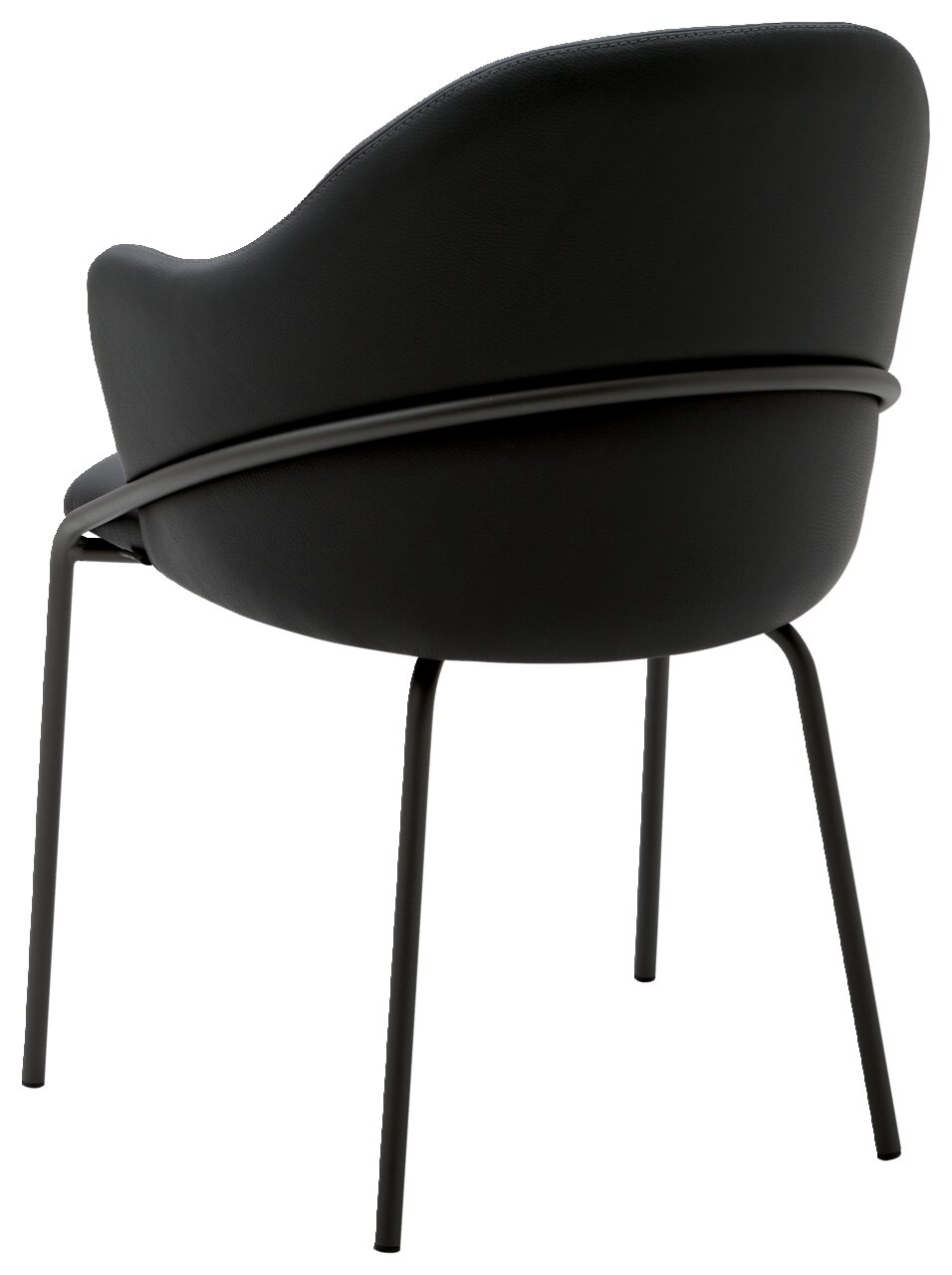 Rückansicht eines modernen schwarzen Armlehnstuhls mit geschwungenem Design und schlanken Metallbeinen.