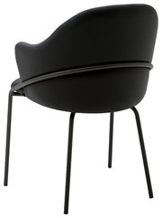 Rückansicht eines modernen schwarzen Armlehnstuhls mit geschwungenem Design und schlanken Metallbeinen.