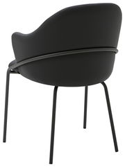 Rückansicht eines modernen schwarzen Armlehnstuhls mit geschwungenem Design und schlanken Metallbeinen.