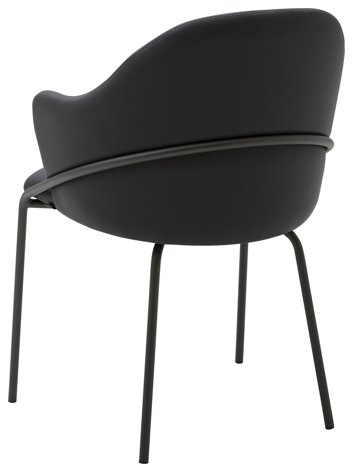 Rückansicht eines modernen schwarzen Armlehnstuhls mit geschwungenem Design und schlanken Metallbeinen.